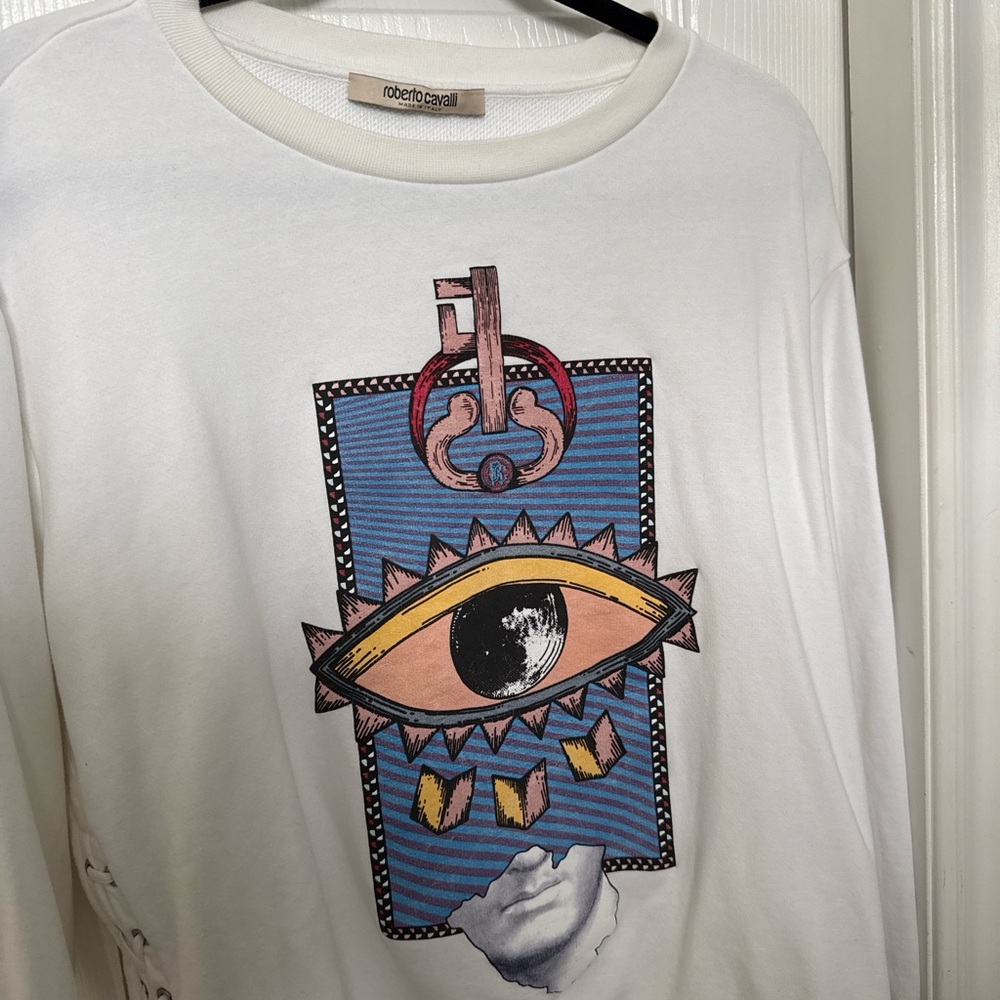 Roberto Cavalli White Graphic Cowl Sweater